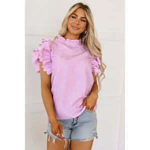 Women's Pink Ruffle Sleeve Scalloped High Neck Blouse Size S/M/L/SL